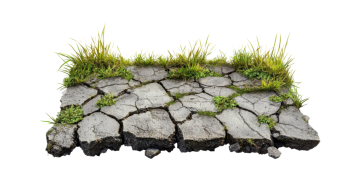 Cracked Asphalt With Grass And Weeds. Nature Reclaiming Urban Spaces And Environmental Resilience Isolated On Transparent Background