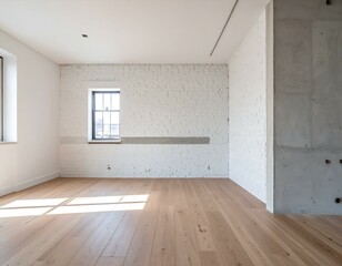 Empty room with white brick walls, light wood floor, and a window. Perfect for design, real estate, and interior design projects.