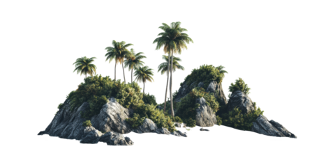 Tropical Island With Palm Trees And Rocky Terrain. Exotic Nature And Travel Concept Isolated On Transparent Background