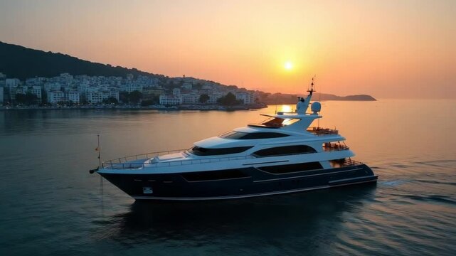 Aerial. a large yacht is anchored in the bay at sunset. City on the coast