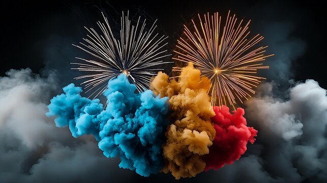 brightly colored smoke is in the shape of fireworks on a black background