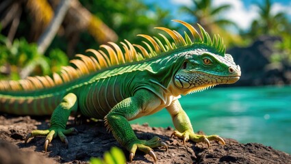 Fototapeta premium Crested iguana of Fiji inhabiting an island. It is a critically endangered species found on various islands.