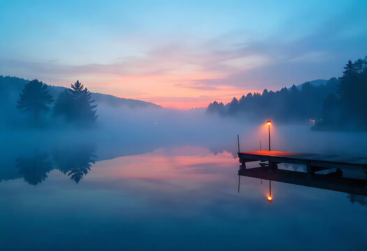 Serene Sunrise Misty Lake Reflections at Dawn