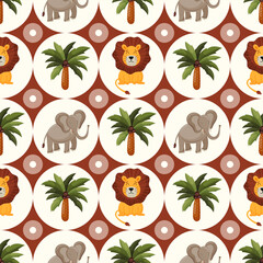 Fototapeta premium Pattern with jungle wild animals. Wallpaper with palm tree, lion and elephant