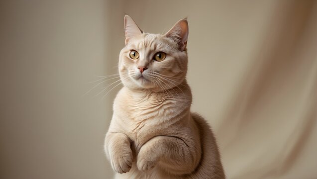 Beige angled cat rests on its paws and gazes