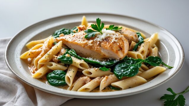 Penne pasta with chicken and spinach in a creamy sauce. - Powered by Adobe
