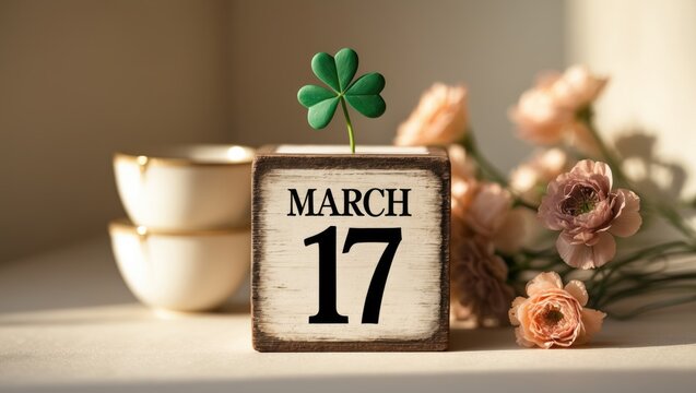 Calendar made of wooden blocks featuring green clover