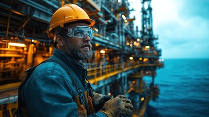Oil rig worker overlooking the ocean