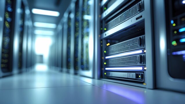 Cool-toned depth of field showcasing server and array disk storage in a data center