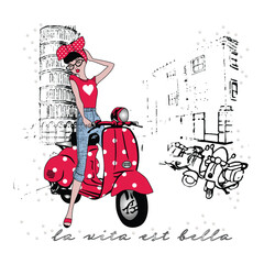 Italian summer vibes girl on scooter with tower of Pisa © Obak Murad