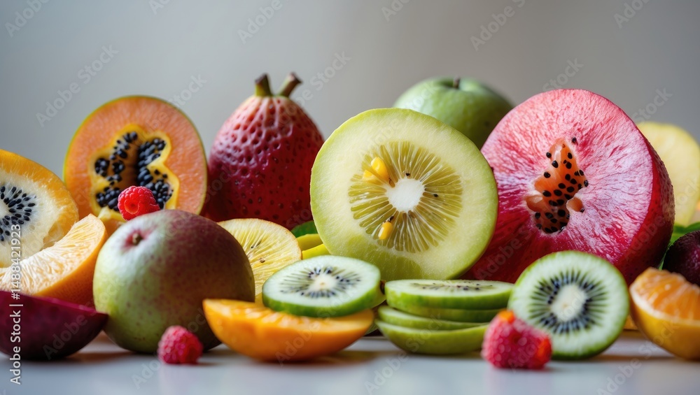 Poster assorted fruits halved.