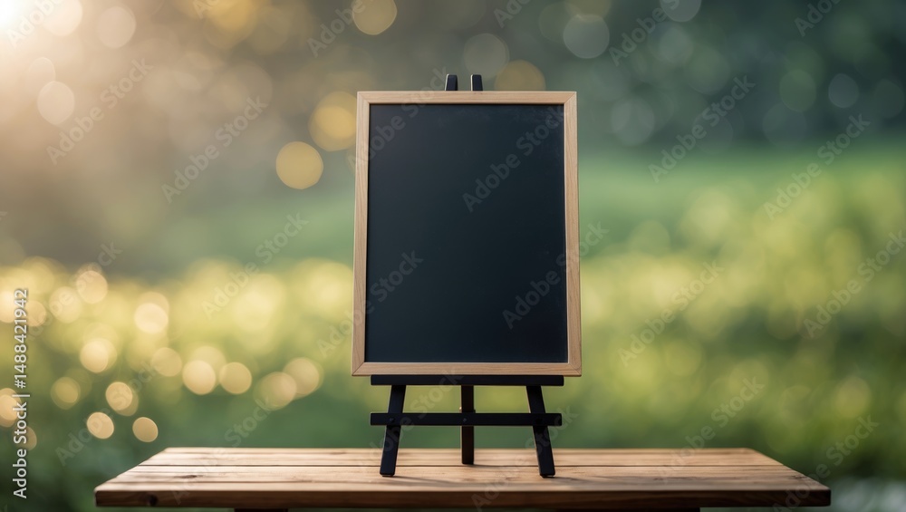 Poster empty blackboard on wooden tabletop with sunlight and blurred background, mockup template for produc