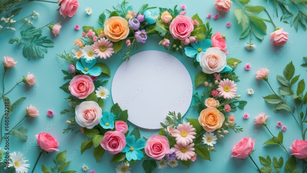 Poster colorful flower and leaf spring wreath. circular natural frame arrangement with a paper card. flat l