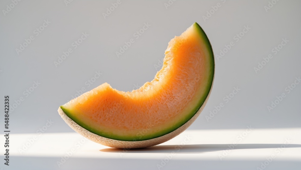 Poster white background featuring a peeled slice of melon.