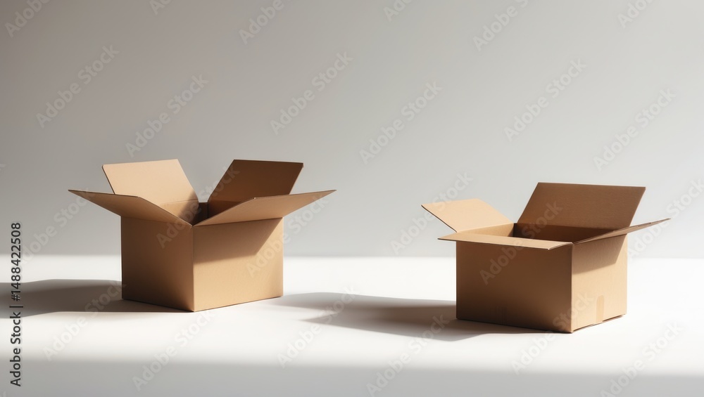 Poster Isolated open and closed cardboard box with soft shadow on background