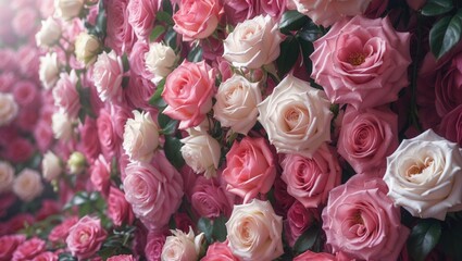 Flourishing full bloom flowerscape, vibrant visual of live flower wall, stunning roses backdrop