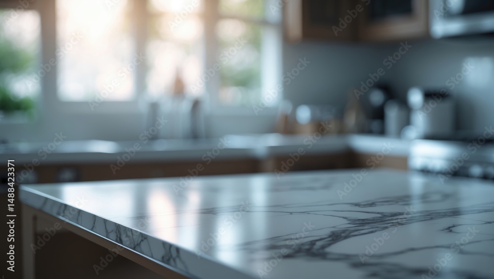 Poster modern kitchen scene with an out-of-focus window and clean marble surface ideal for showcasing produ