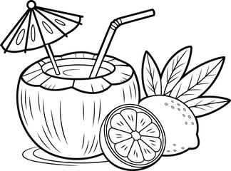 Coconut Drink with Lemon and Leaves Line Art Vector, Transparent Background.