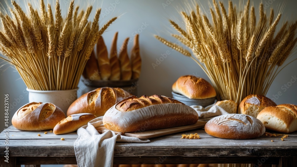Poster wooden table featuring bread. various still-lifes showcasing bread and a bundle of wheat ears