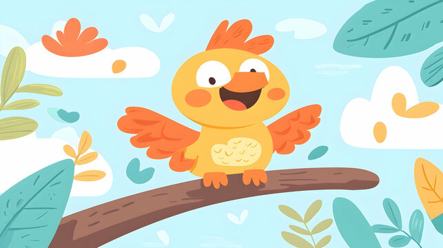 Happy yellow bird perched on branch, sunny sky, leafy background; kids' book illustration