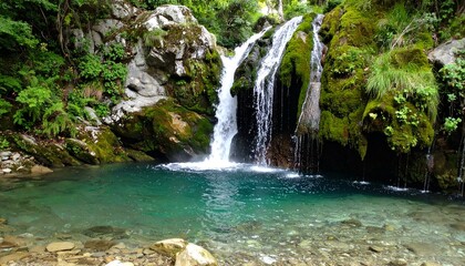 Serene waterfall cascading into a crystal-clear pool. Lush greenery surrounds the rocky landscape. Perfect for travel, nature, or relaxation themes.