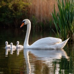 Fototapeta premium Elegant swan with cygnets gliding gracefully on tranquil waters reflecting nature's beauty, a serene scene of wildlife in a lush environment during golden hour light