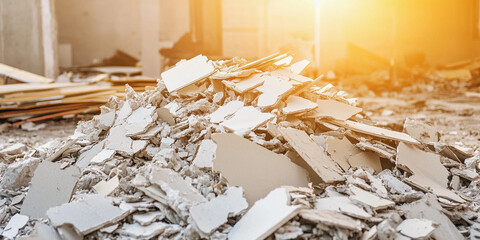 Discarded drywall fragments accumulated in construction site Generative AI