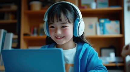 Young girl engaged in online learning at home in Japan, using a laptop and headphones for a virtual class