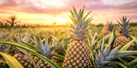 Obraz premium Freshly harvested pineapples in a vibrant field at sunset Generative AI