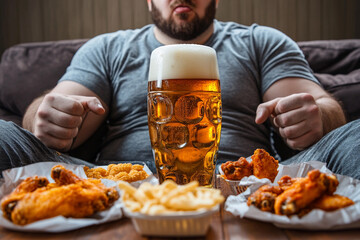 Overweight man enjoys beer and unhealthy food at home Generative AI