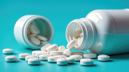 Bottled white medicines and health pills scattered on a colorful surface