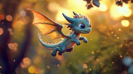 Fototapeta premium Adorable 3D Animated Baby Dragon Soaring Joyfully
