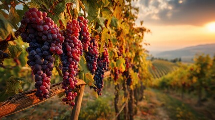 Sunset Over Tuscan Vineyard: Ripe Grapes Hanging on the Vine