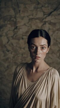 Femme en tunique antique exprimant la surprise dans un d&eacute;cor en pierre

