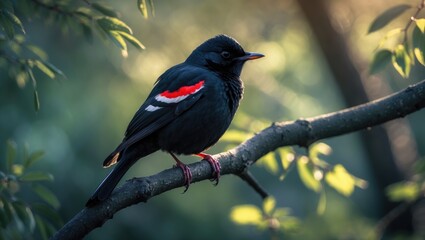 Fototapeta premium Wildlife close-up of a blackbird singing on a branch amidst spring foliage in a forest