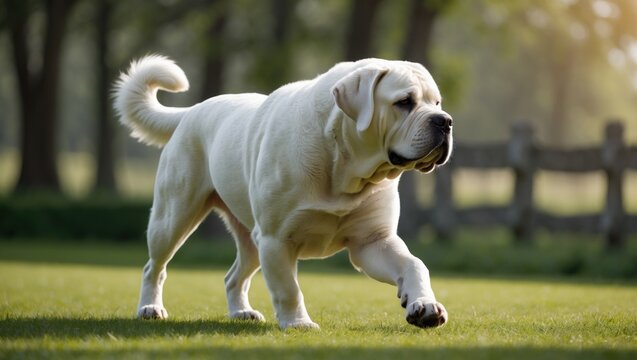 White mastiff canine taking a walk, pet animals