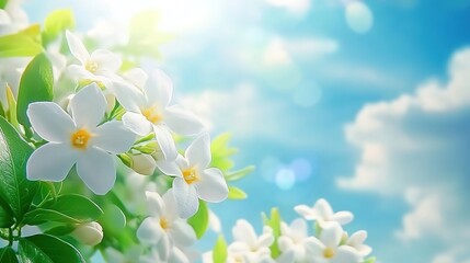 Fototapeta premium White Flowers with Green Leaves Against a Bright Blue Sky