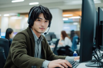 Young Asian professional engaged in remote work at a modern office environment with headset and computer