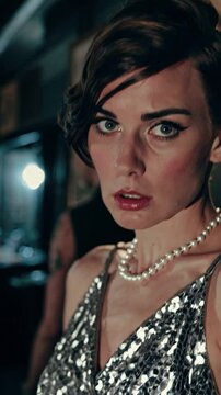 Femme &eacute;l&eacute;gante en robe &agrave; paillettes exprimant la stupeur dans une ambiance r&eacute;tro

