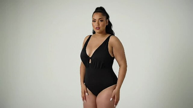 Young woman posing in black one piece swimsuit isolated on white background