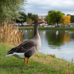 Graceful Goose Standing by Tranquil Lake with Lush Greenery and Serenity in Nature, Capturing the Essence of Wildlife and Peaceful Scenery