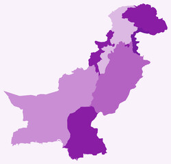Map of Pakistan with regions. Just a simple country border map with region division. Purple color palette. Plain Islamic Republic of Pakistan shape with administrative division. Vector illustration.