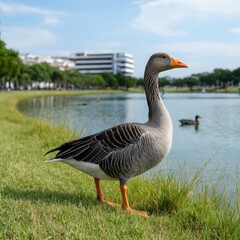 Fototapeta premium Graceful Waterfowl Standing by a Serene Lake in a Park Setting Surrounded by Lush Greenery and Clear Blue Sky on a Bright Sunny Day