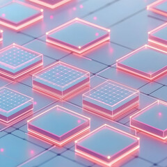 Abstract 3D render of glowing squares, futuristic technology