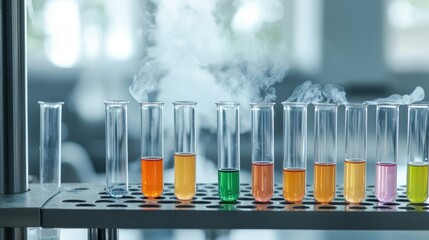 Colorful Test Tubes with Steam in a Modern Chemistry Lab Experiment Setup