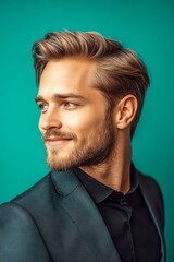 A studio glamour portrait of a confident man. Modish men's slick back with fade haircut - midlife white man with blond hair. Green solid background. Creative of style for aging men.