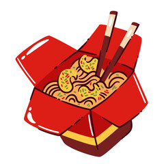 Takeout noodles in red box with chopsticks, curly and green herbs. Classic Asian fast food in cartoon doodle style. Vector illustration with noodles for menus, packaging, and Asian cuisine projects.