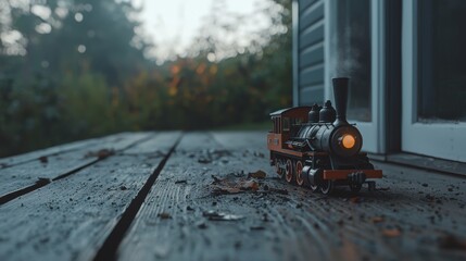Abandoned Toy Steam Train Sitting on Wooden Floor in a Serene Outdoor Setting