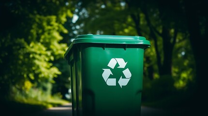 Green recycle bin with white symbol in a park setting