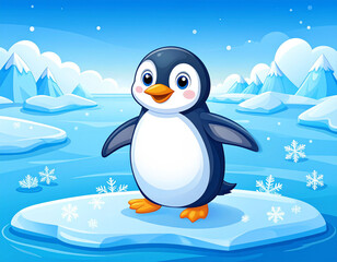 Obraz premium the scene features a cartoon styled penguin standing on a floating piece of ice. the penguin has a white belly, dark feathers on its back, and a cheerful expression with a bright orange beak and feet